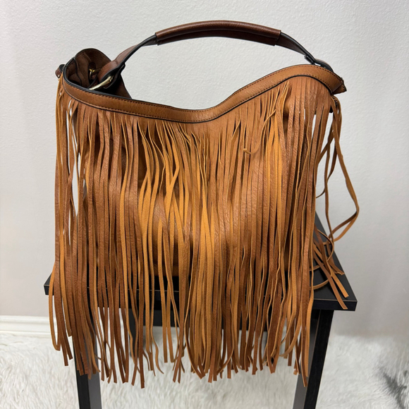 Fringe Hobo Crossbody Bag Brown Convertible Western Faux Leather - Picture 3 of 14